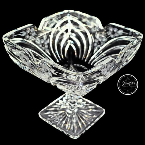 Vintage Hand Cut Frosted Etched Floral Crystal Square Pedestal Compote Dish - Picture 8 of 16